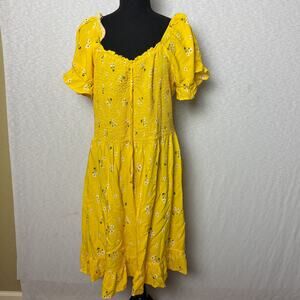 AMW Yellow Floral Smocked Puff-Sleeve Midi Dress Plus Size 2X Summer Casual